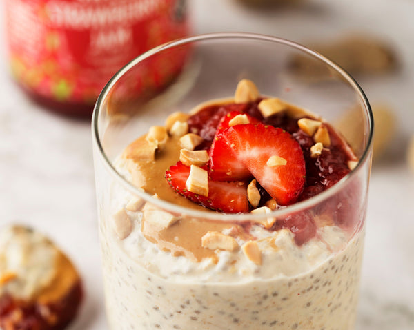 Peanut Butter and Jam Overnight Oats. Low Carb and Low Calorie. Keto Friendly.