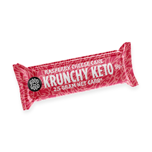  Good Good Krunchy Keto Bar. Raspberry Cheesecake Flavour. Healthy Fats. High Protein and Low Carb.
